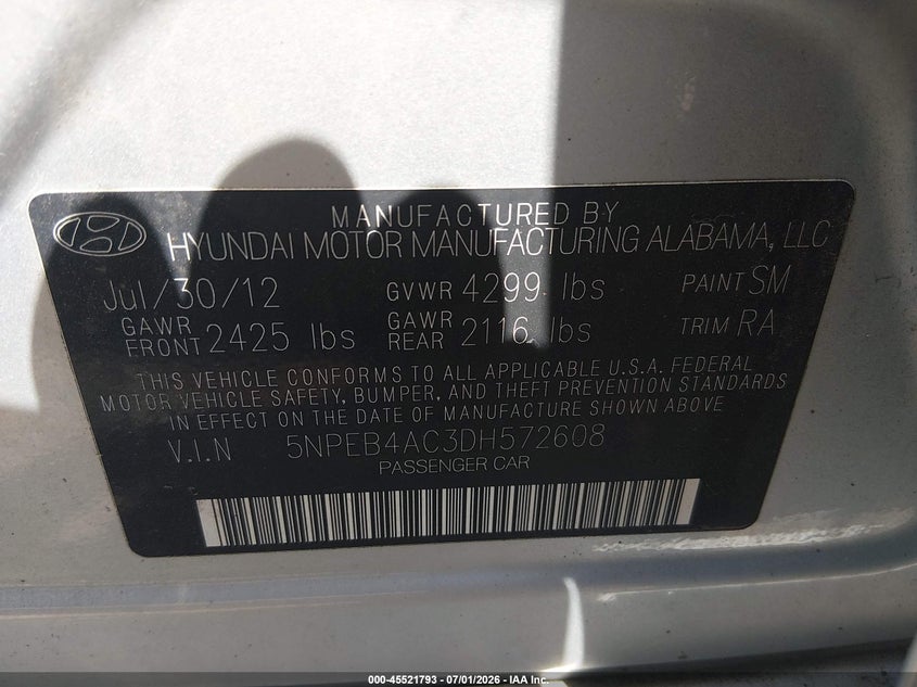2013 Hyundai Sonata Gls VIN: 5NPEB4AC3DH572608 Lot: 45521793