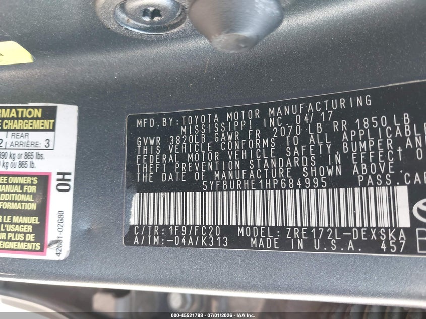 2017 TOYOTA COROLLA SEDAN 1.8L I-4 DOHC, VVT, 132HP