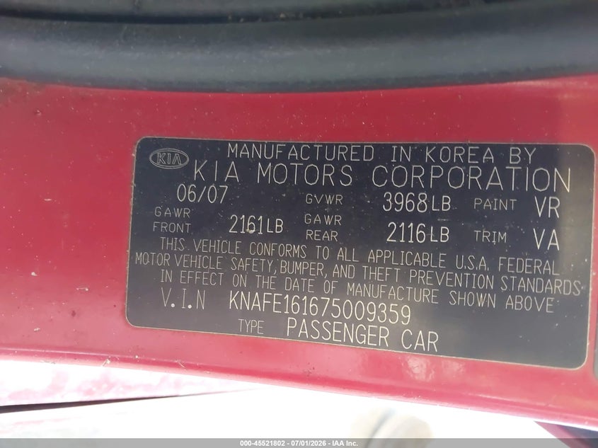 2007 Kia Spectra5 Sx VIN: KNAFE161675009359 Lot: 45521802