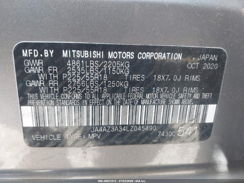 2020 Mitsubishi Outlander Se 2.4 S-Awc VIN: JA4AZ3A34LZ045490 Lot: 45521812