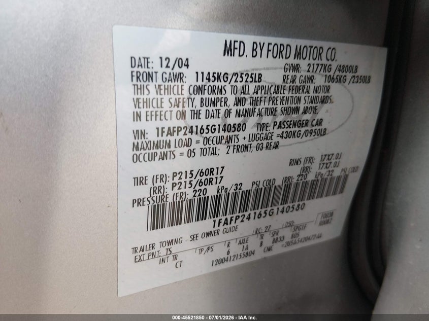 2005 Ford Five Hundred Sel VIN: 1FAFP24165G140580 Lot: 45521850
