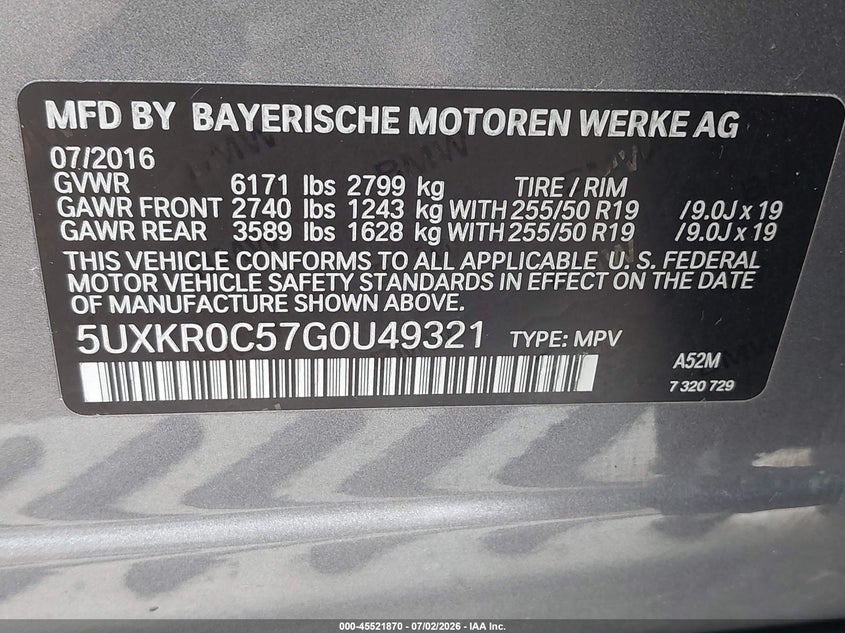 2016 BMW X5 xDrive35I VIN: 5UXKR0C57G0U49321 Lot: 45521870