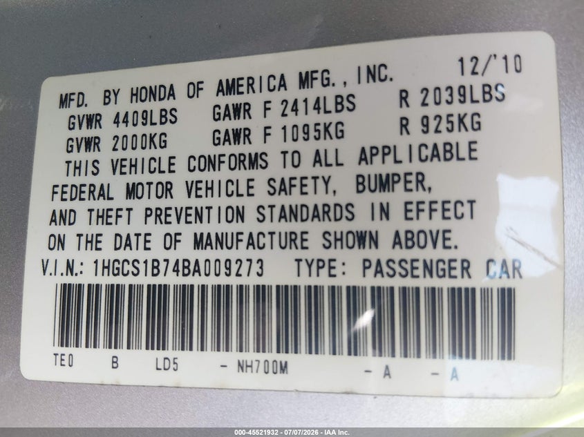 2011 HONDA ACCORD COUPE 2.4L I-4 DOHC, VVT, 190HP