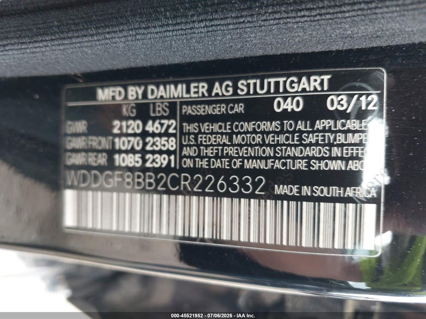 MERCEDES-BENZ C 300 2012 VIN WDDGF8BB2CR226332