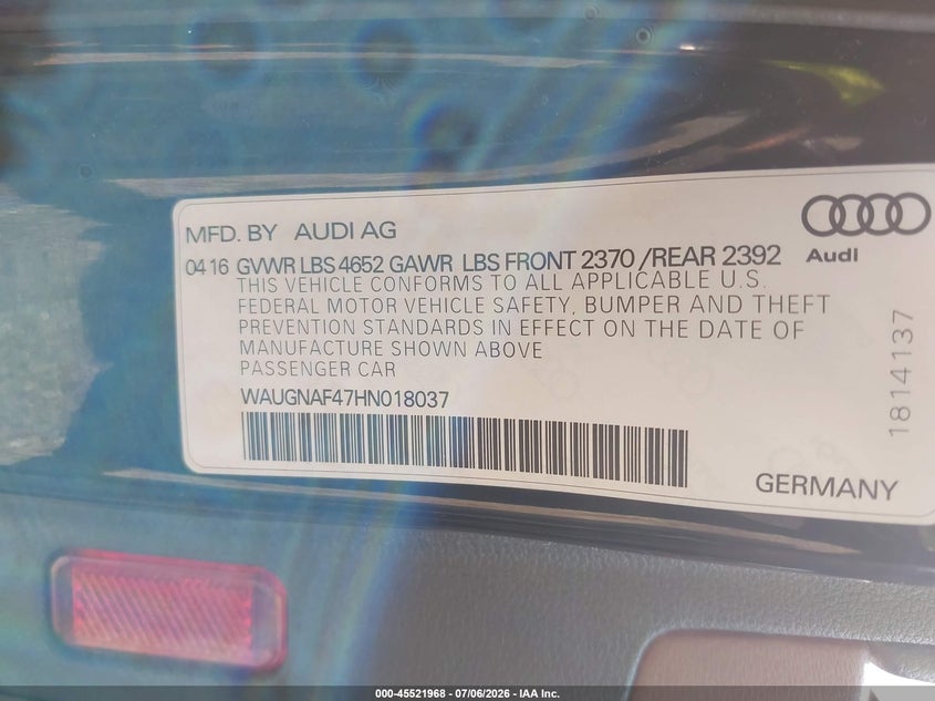 2017 Audi A4 Premium VIN: WAUGNAF47HN018037 Lot: 45521968