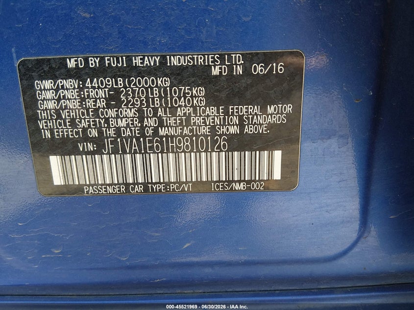 2017 Subaru Wrx Premium VIN: JF1VA1E61H9810126 Lot: 45521969