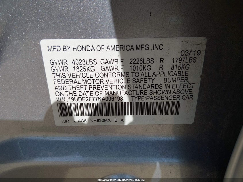 2019 Acura Ilx Premium Package/Technology Package VIN: 19UDE2F77KA006198 Lot: 45521972