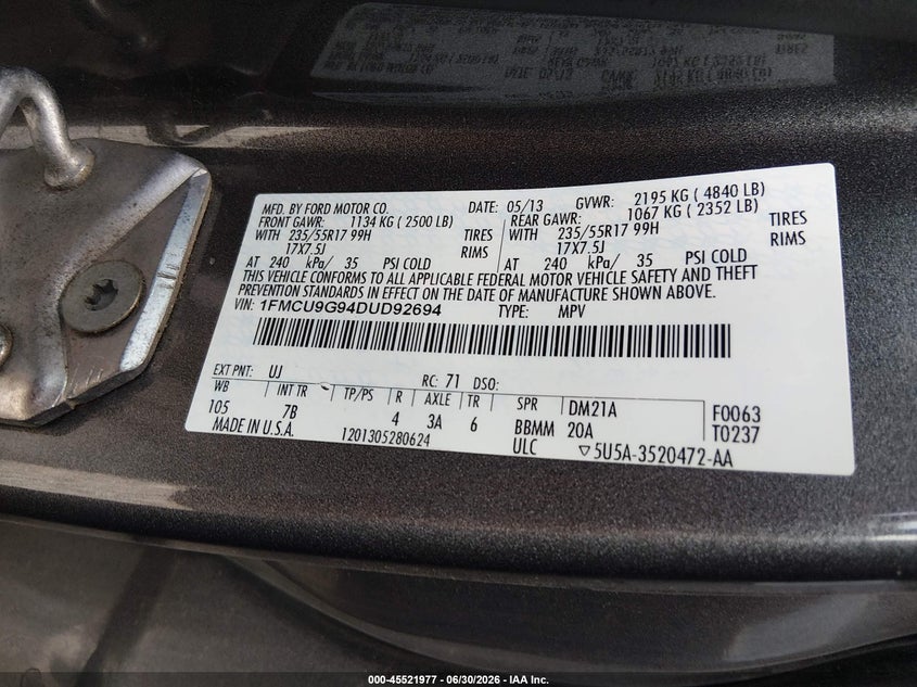 2013 FORD ESCAPE SPORT UTILITY VEHICLE 2.0L I-4 DI, DOHC, VVT, TURBO, 231HP