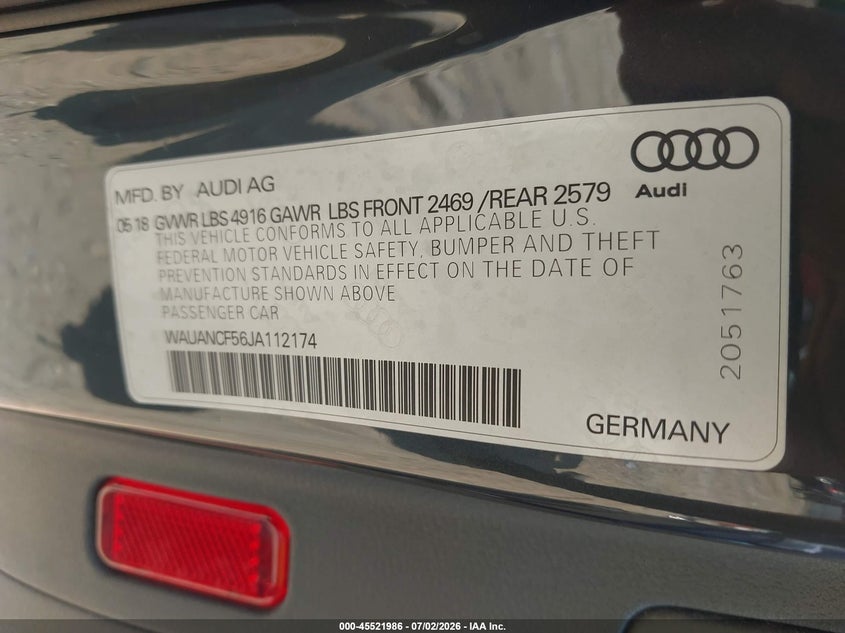 2018 Audi A5 2.0T Premium VIN: WAUANCF56JA112174 Lot: 45521986