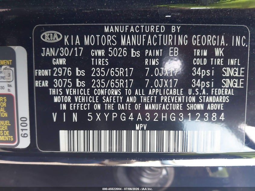 KIA SORENTO 2017 VIN 5XYPG4A32HG312384