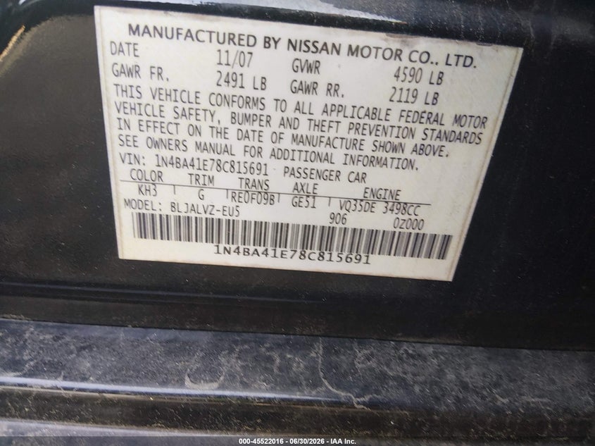 NISSAN MAXIMA 2008 VIN 1N4BA41E78C815691
