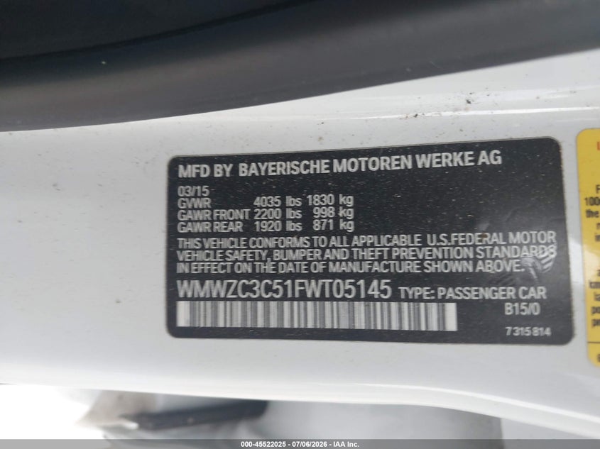 2015 Mini Countryman Cooper S VIN: WMWZC3C51FWT05145 Lot: 45522025