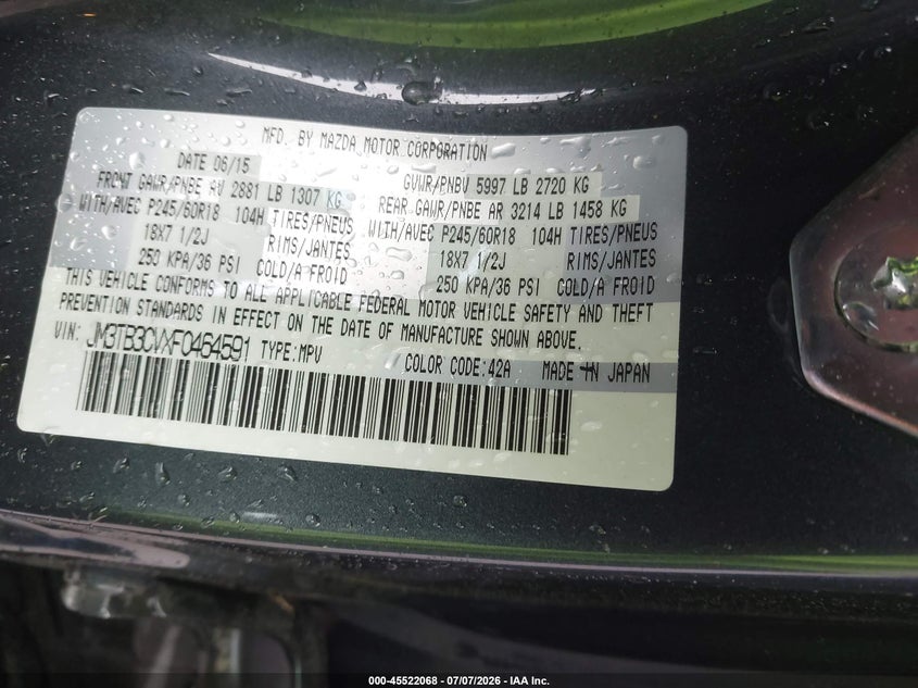 2015 Mazda Cx-9 Touring VIN: JM3TB3CVXF0464591 Lot: 45522068