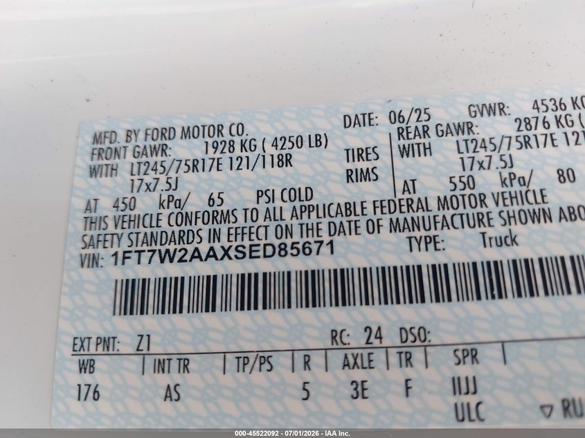 FORD F-250 2025 VIN 1FT7W2AAXSED85671