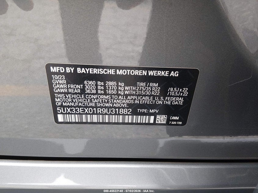 2024 BMW X6 xDrive40I VIN: 5UX33EX01R9U31882 Lot: 45522148