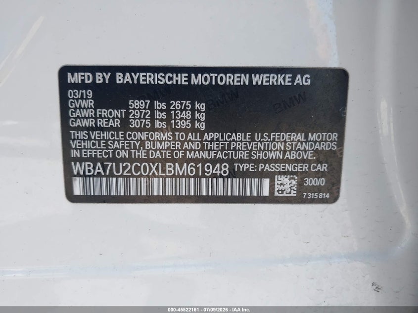 2020 BMW 750I xDrive VIN: WBA7U2C0XLBM61948 Lot: 45522161
