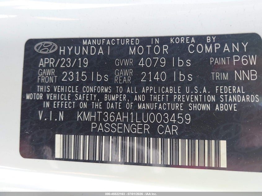 2020 Hyundai Veloster N VIN: KMHT36AH1LU003459 Lot: 45522163