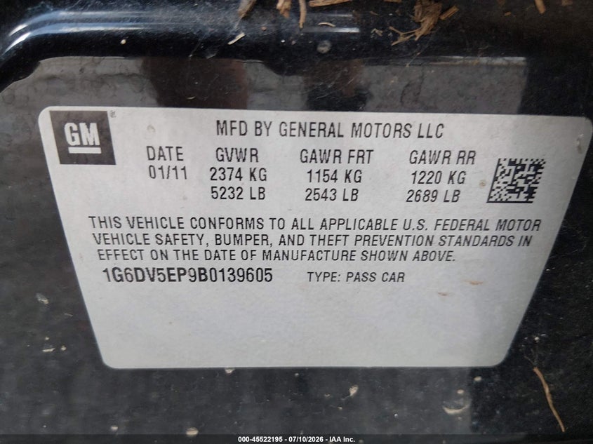 2011 Cadillac Cts-V VIN: 1G6DV5EP9B0139605 Lot: 45522195