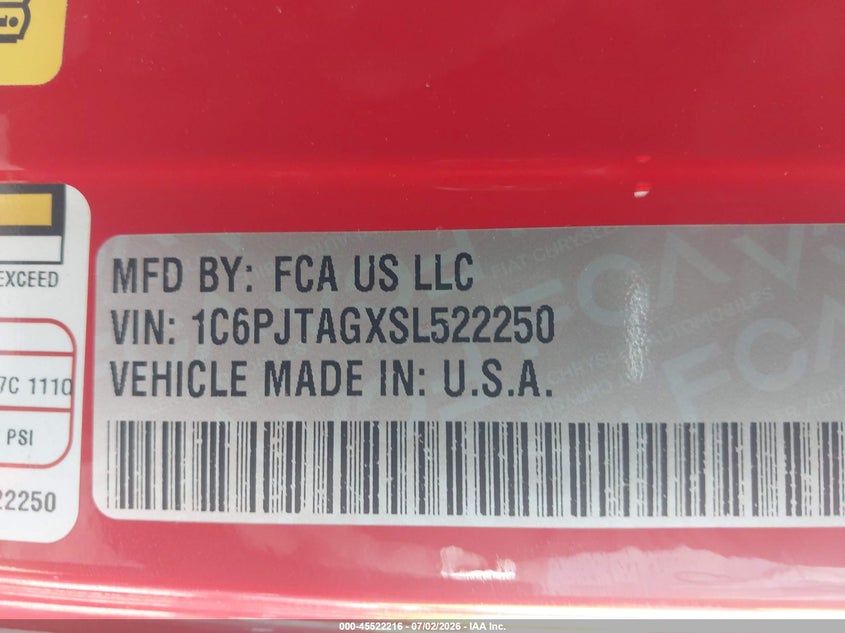 2025 Jeep Gladiator Texas Trail VIN: 1C6PJTAGXSL522250 Lot: 45522216