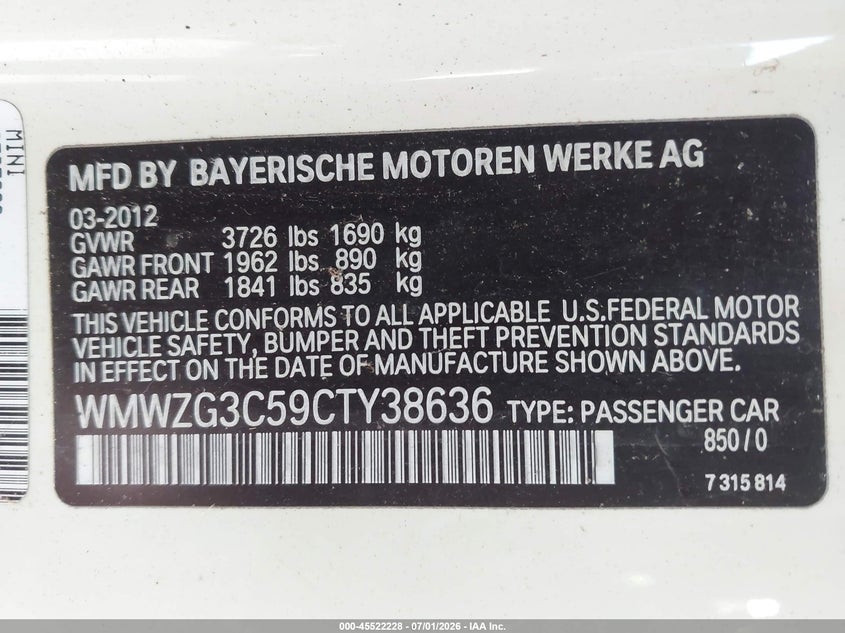 2012 Mini Cooper S Clubman VIN: WMWZG3C59CTY38636 Lot: 45522228