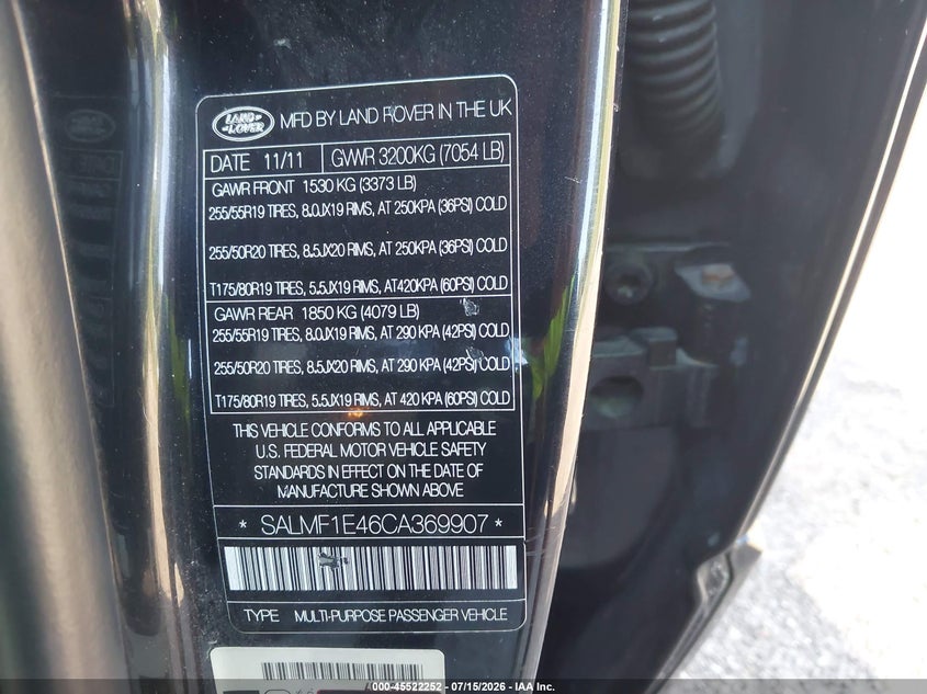 2012 Land Rover Range Rover Supercharged VIN: SALMF1E46CA369907 Lot: 45522252