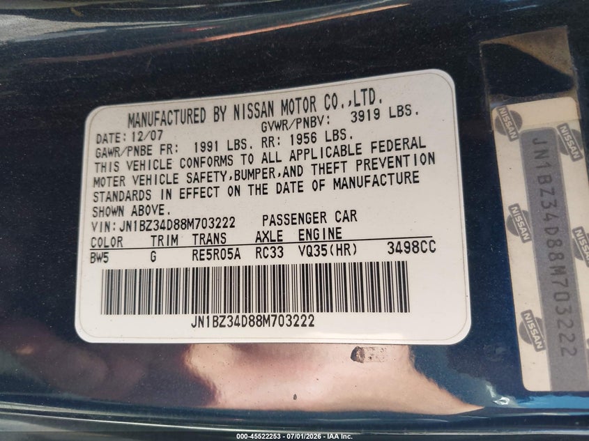 2008 Nissan 350Z Enthusiast VIN: JN1BZ34D88M703222 Lot: 45522253