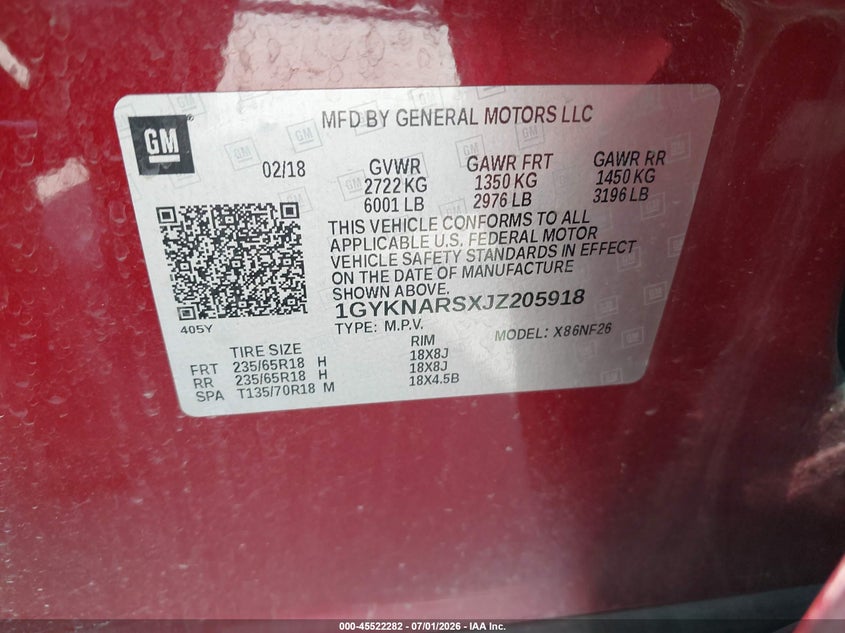 2018 Cadillac Xt5 Standard VIN: 1GYKNARSXJZ205918 Lot: 45522282