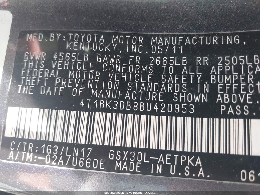 2011 Toyota Avalon Limited VIN: 4T1BK3DB8BU420953 Lot: 45522296