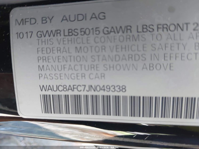 2018 Audi A6 2.0T Premium/2.0T Sport VIN: WAUC8AFC7JN049338 Lot: 45522326