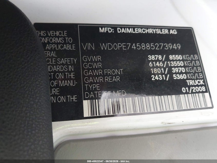 2008 Dodge Sprinter Van 2500 VIN: WD0PE745885273949 Lot: 45522347
