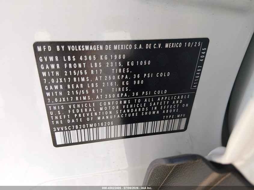 2026 Volkswagen Taos S VIN: 3VV5C7B20TM016206 Lot: 45522405