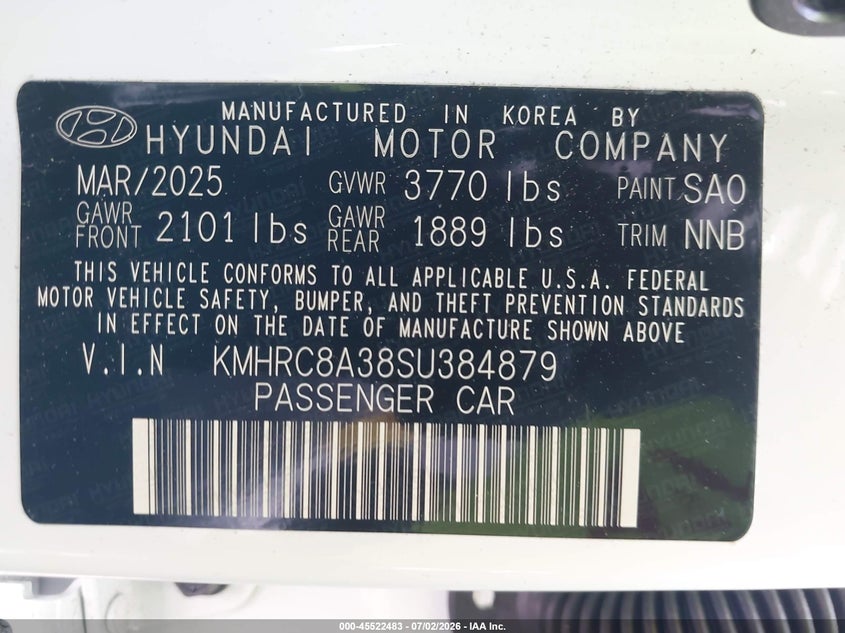 2025 Hyundai Venue Limited VIN: KMHRC8A38SU384879 Lot: 45522483