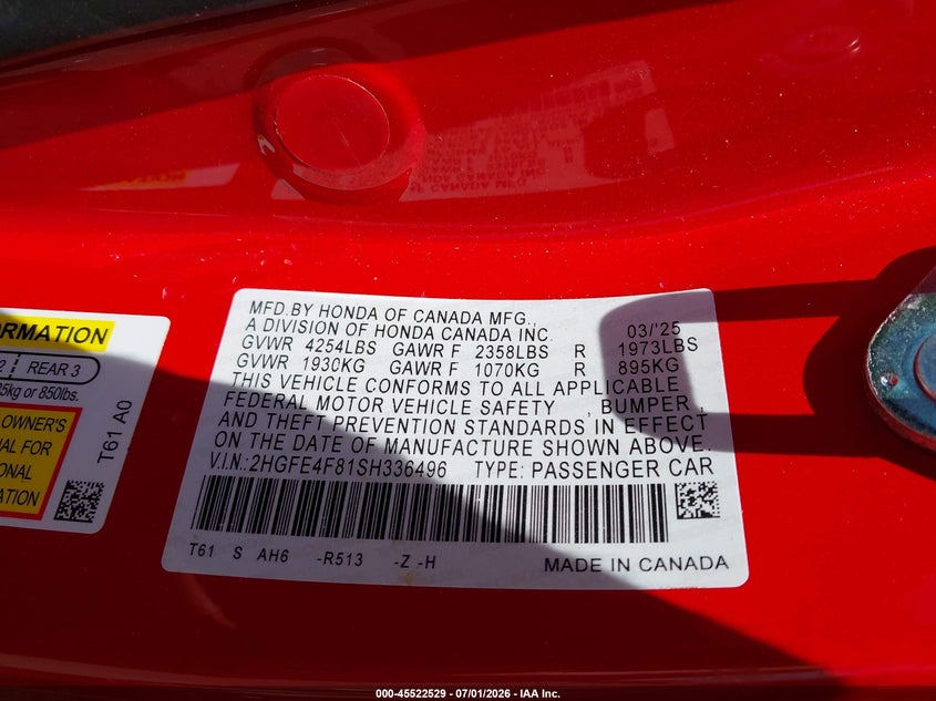 HONDA CIVIC HYBRID 2025 VIN 2HGFE4F81SH336496