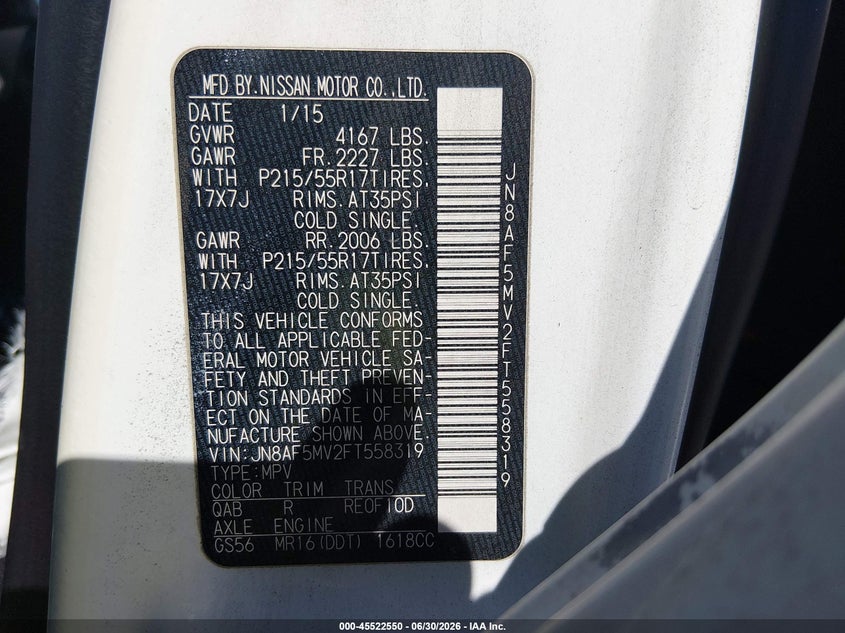 2015 Nissan Juke Sl VIN: JN8AF5MV2FT558319 Lot: 45522550