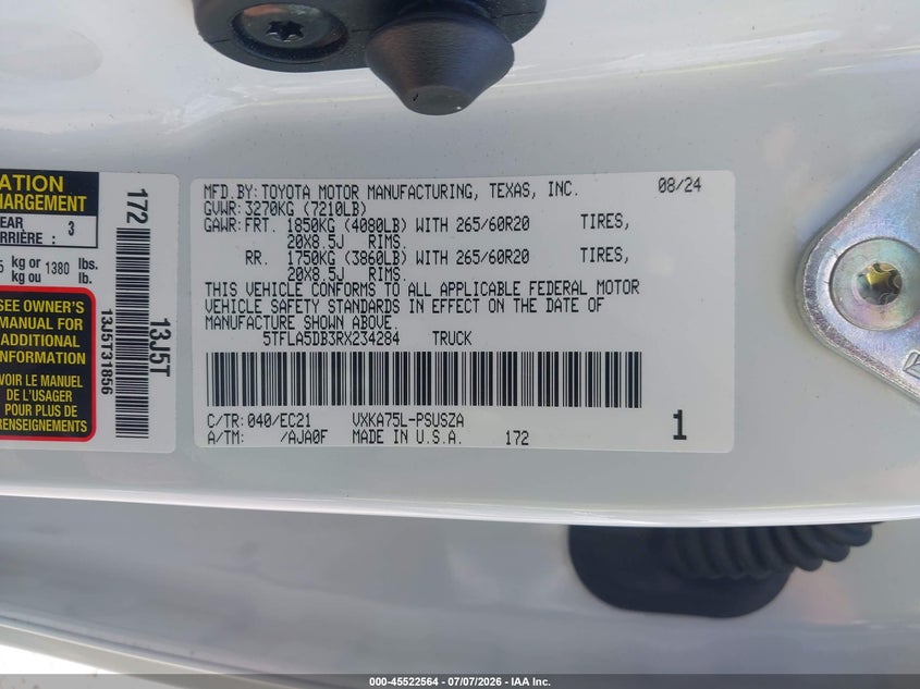2024 Toyota Tundra Sr5 VIN: 5TFLA5DB3RX234284 Lot: 45522564