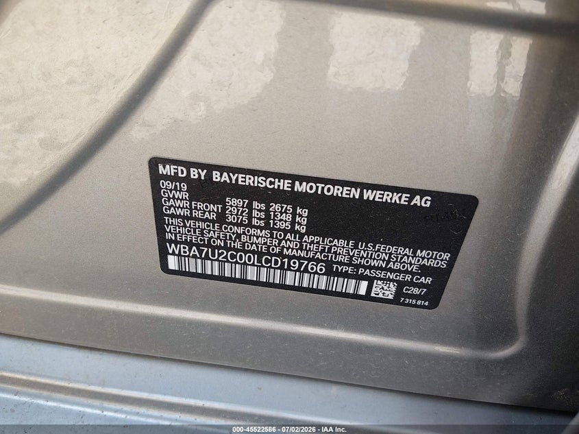 2020 BMW 750I xDrive VIN: WBA7U2C00LCD19766 Lot: 45522586