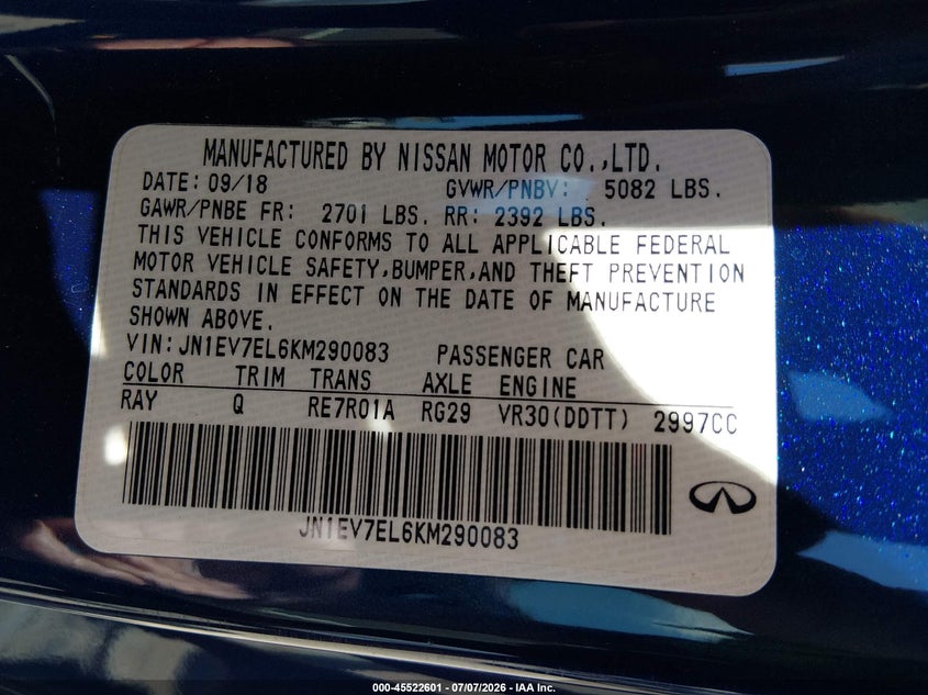 2019 Infiniti Q60 3.0T Luxe VIN: JN1EV7EL6KM290083 Lot: 45522601