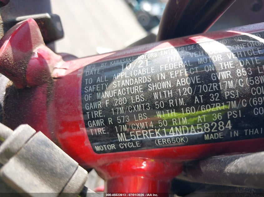 2022 Kawasaki Er650 K VIN: ML5EREK14NDA58284 Lot: 45522613