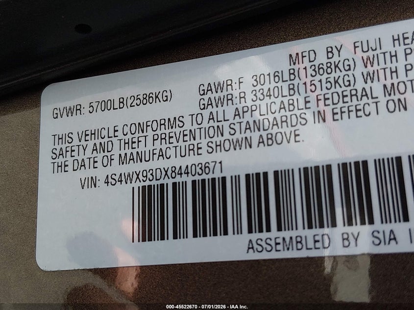 2008 Subaru Tribeca Limited 5-Passenger VIN: 4S4WX93DX84403671 Lot: 45522670