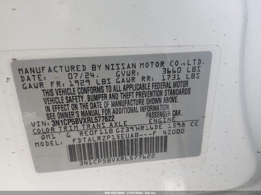 NISSAN KICKS 2024 VIN 3N1CP5BVXRL577622