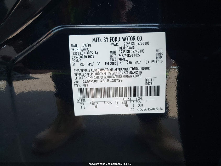 2018 Lincoln Mkx Reserve VIN: 2LMPJ8LR6JBL30729 Lot: 45522699