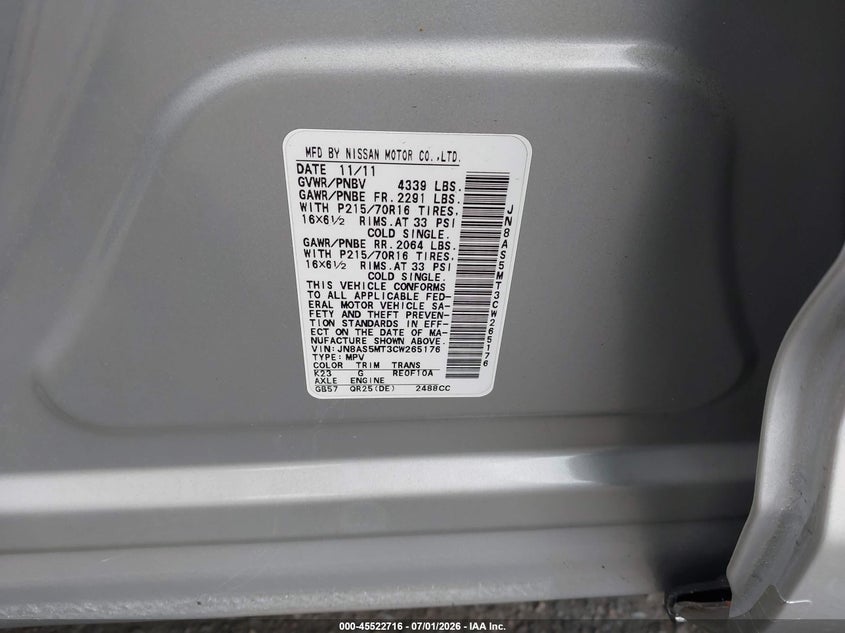 2012 NISSAN ROGUE SPORT UTILITY VEHICLE 2.5L I-4 DOHC, VVT, 170HP