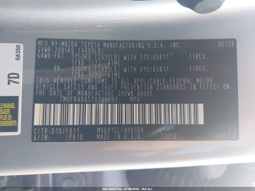 2026 Toyota Corolla Cross Hybrid Se VIN: 7MUFBABG5TV108691 Lot: 45522744