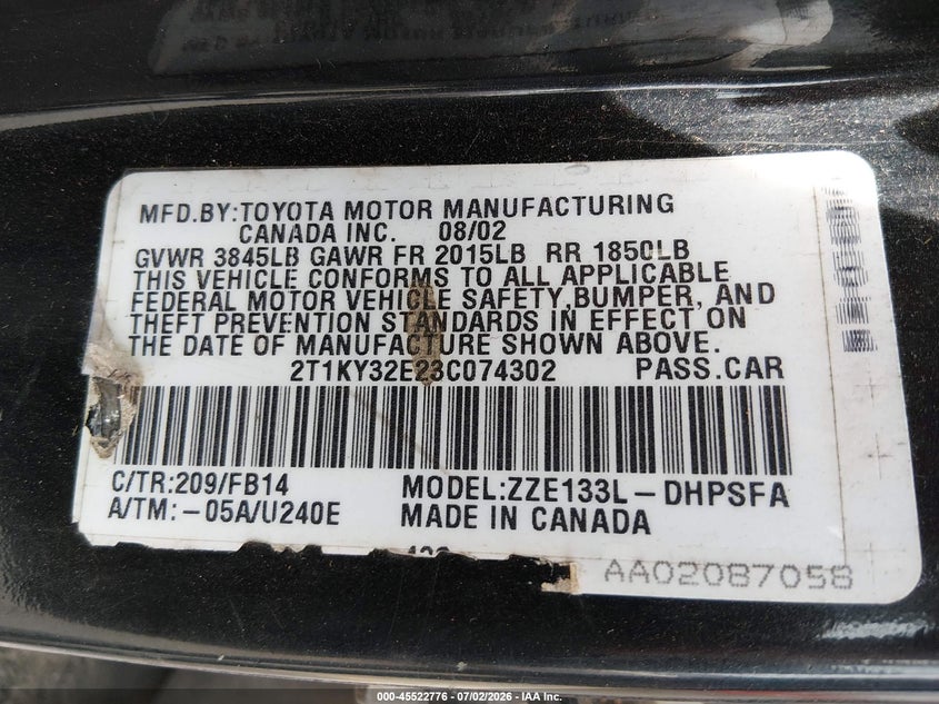 2003 Toyota Matrix Xrs VIN: 2T1KY32E23C074302 Lot: 45522776