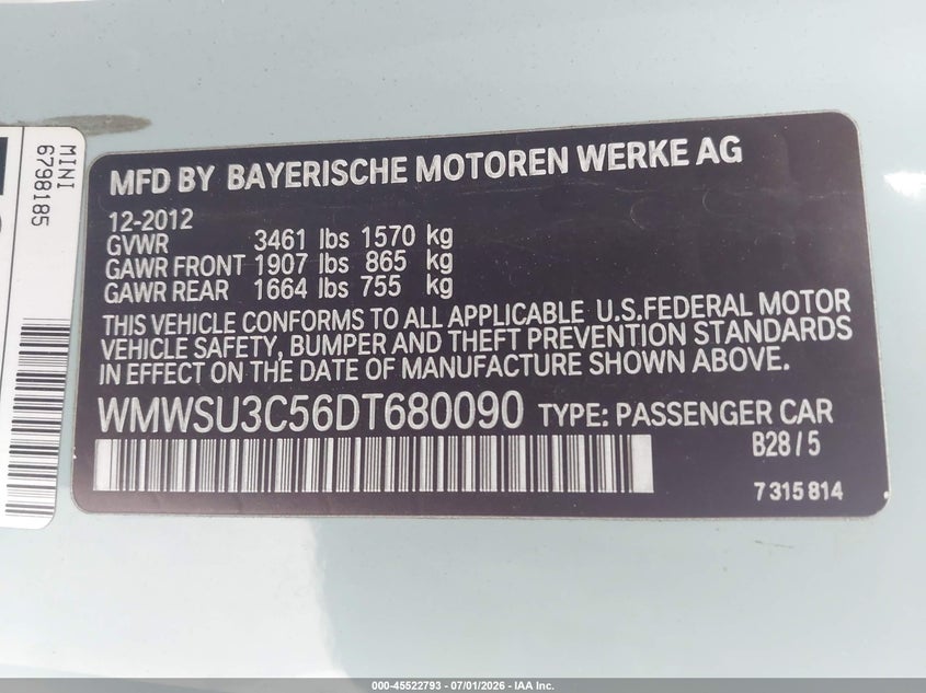 2013 Mini Hardtop Cooper VIN: WMWSU3C56DT680090 Lot: 45522793