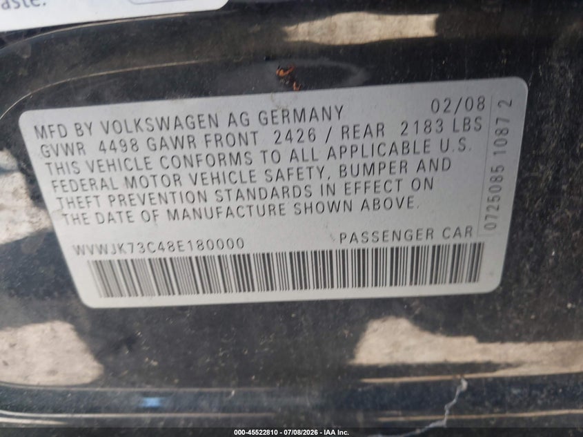 2008 Volkswagen Passat Turbo VIN: WVWJK73C48E180000 Lot: 45522810
