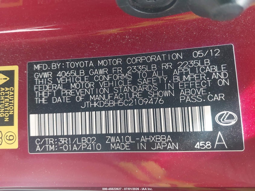 2012 Lexus Ct 200H Premium VIN: JTHKD5BH5C2109476 Lot: 45522827