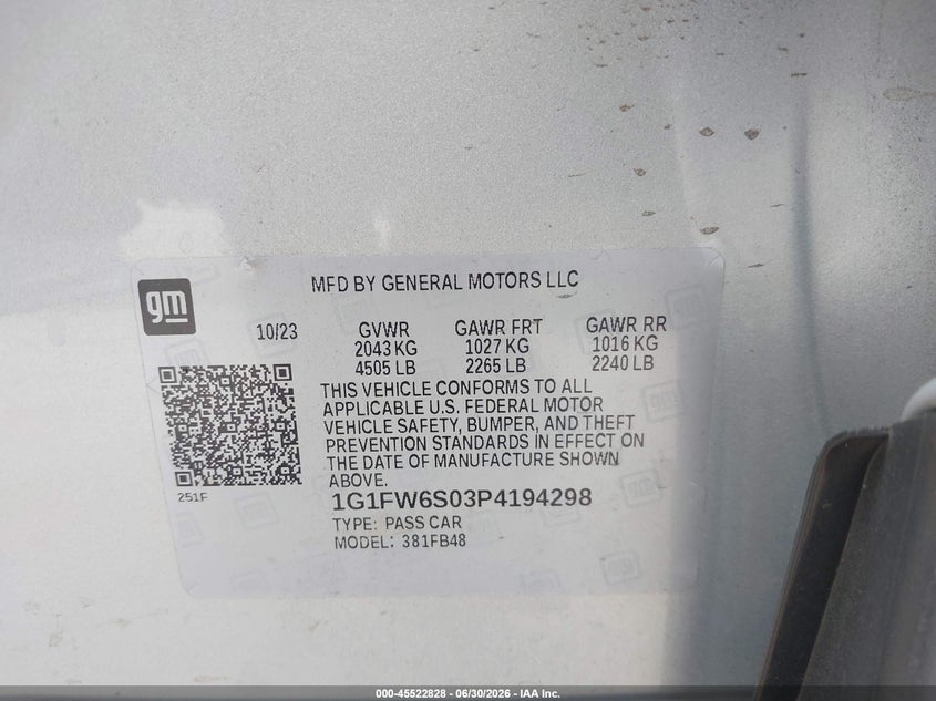 2023 Chevrolet Bolt Ev Fwd 1Lt VIN: 1G1FW6S03P4194298 Lot: 45522828