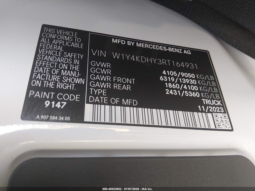 2024 Mercedes-Benz Sprinter 2500 High Roof 4-Cyl Diesel VIN: W1Y4KDHY3RT164931 Lot: 45522852