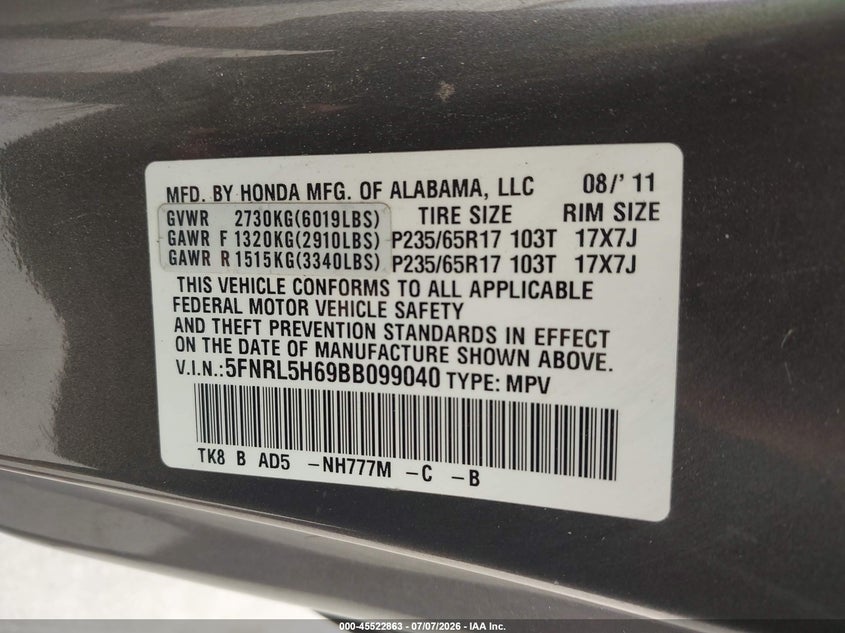 2011 HONDA ODYSSEY VAN 3.5L V-6 VVT, 248HP